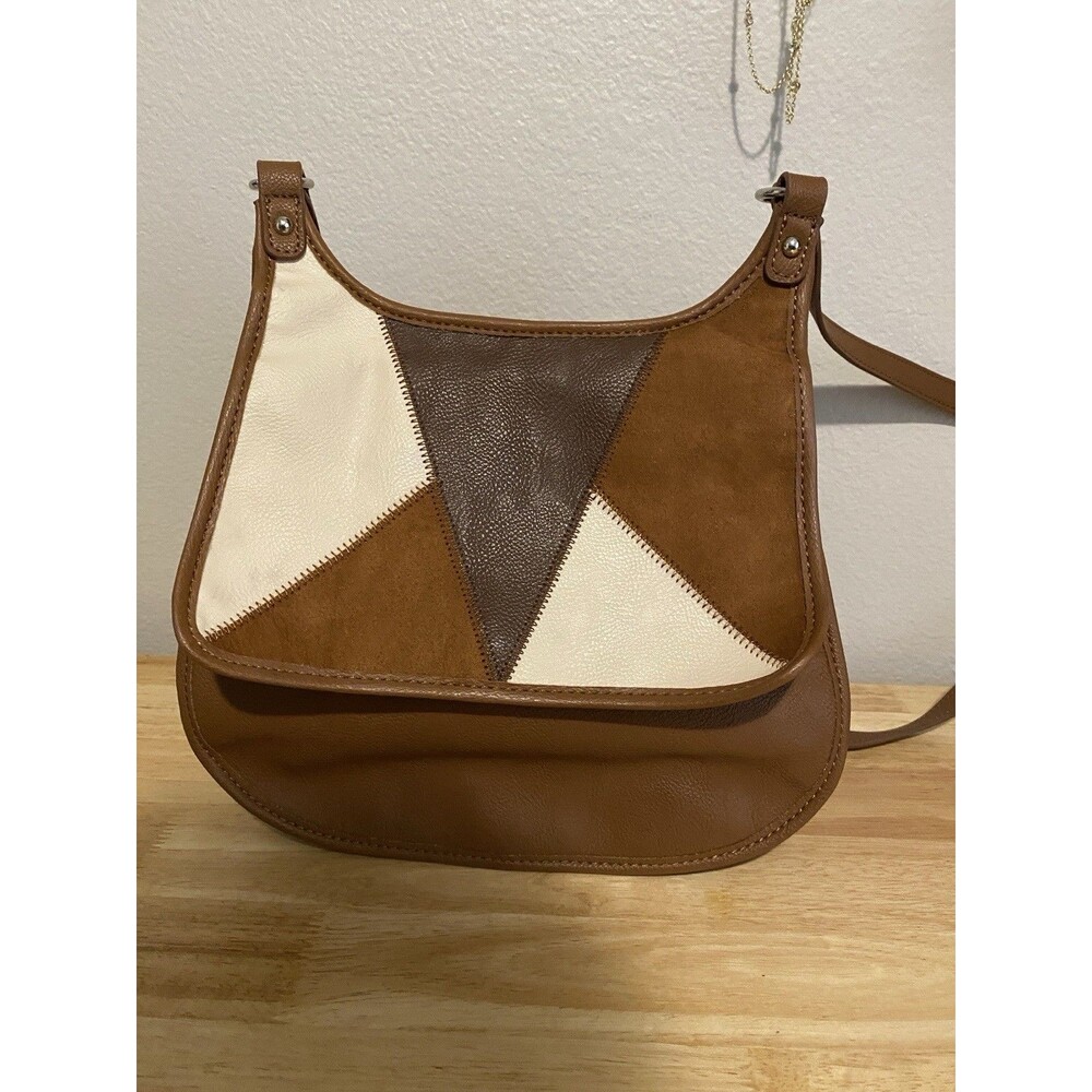 Boho Nine West Brown BeigeColorblock Studded Crossbody Zip Adjustable Strap